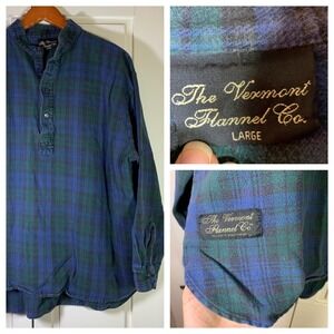 Vermont Flannel Co Mens Henley Shirt Large Black Watch Plaid Green Blue USA Made